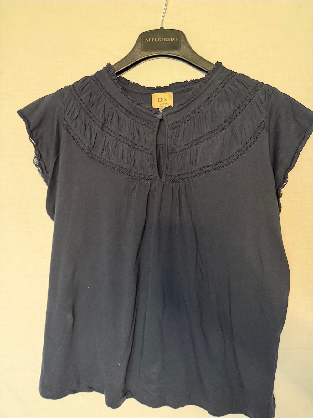 Elle Navy Cap-Sleeve Pintuck Yoke Blouse